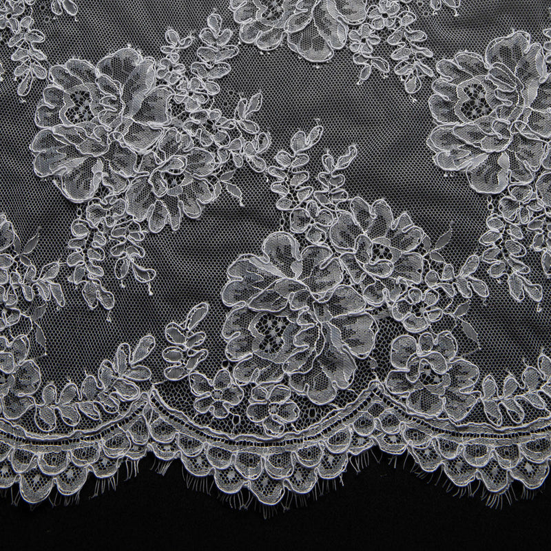 1 Yard Elegant Corded Chantilly Lace Fabric with Embroidered Floral Design, 54" Wide