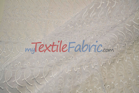 Cotton Eyelet Embroidery Design One Polyester Cotton Fabric - White Blossom Floral Eyelet Embroidery, Double Scallop Finish, 52" Wide (1 Yard)