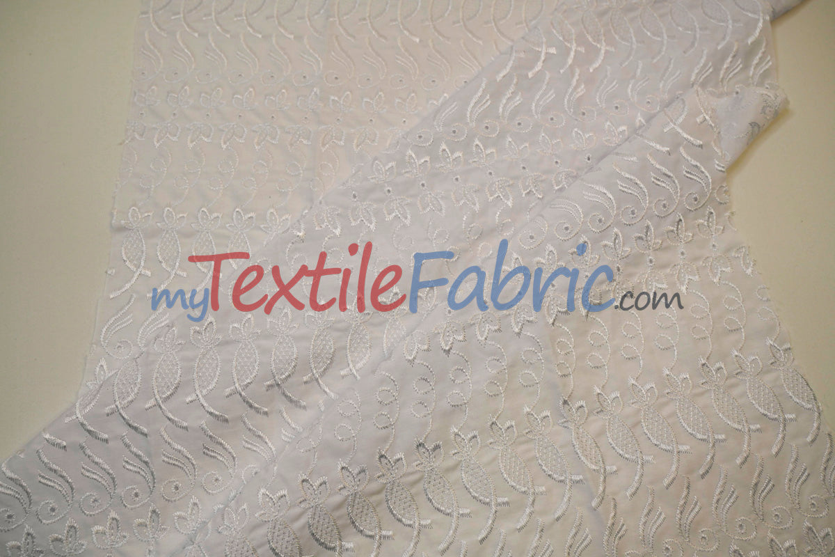 Cotton Eyelet Embroidery Design One Polyester Cotton Fabric - White Blossom Floral Eyelet Embroidery, Double Scallop Finish, 52" Wide (1 Yard)