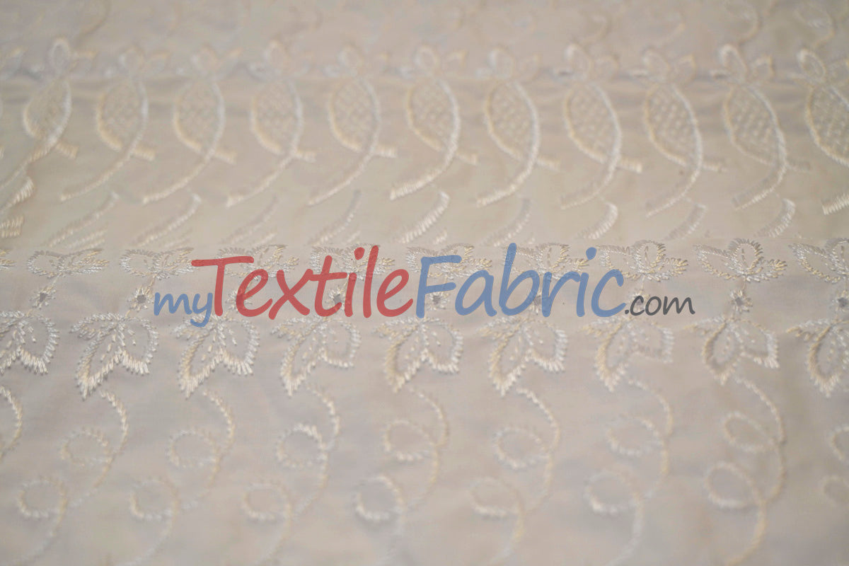 Cotton Eyelet Embroidery Design One Polyester Cotton Fabric - White Blossom Floral Eyelet Embroidery, Double Scallop Finish, 52" Wide (1 Yard)