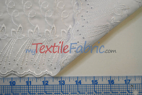 Cotton Eyelet Embroidery Design One Polyester Cotton Fabric - White Blossom Floral Eyelet Embroidery, Double Scallop Finish, 52" Wide (1 Yard)