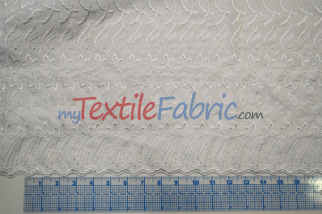 Cotton Eyelet Embroidery Design One Polyester Cotton Fabric - White Blossom Floral Eyelet Embroidery, Double Scallop Finish, 52" Wide (1 Yard)