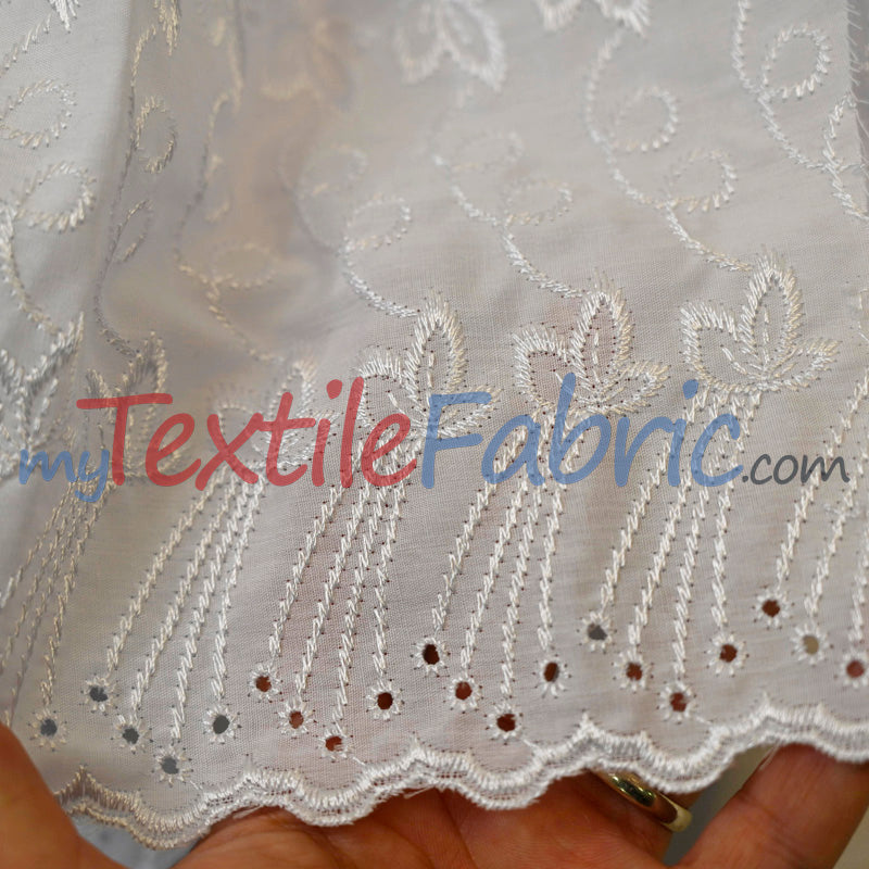 Cotton Eyelet Embroidery Design One Polyester Cotton Fabric - White Blossom Floral Eyelet Embroidery, Double Scallop Finish, 52" Wide (1 Yard)