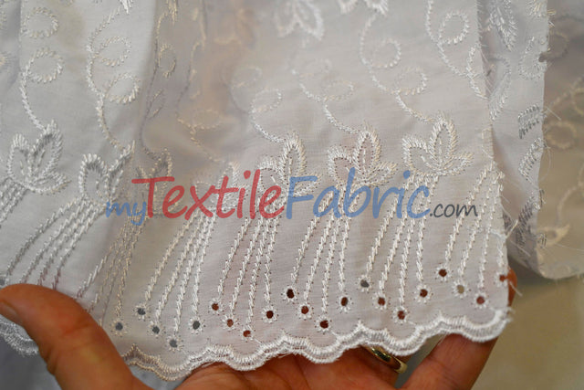Cotton Eyelet Embroidery Design One Polyester Cotton Fabric - White Blossom Floral Eyelet Embroidery, Double Scallop Finish, 52" Wide (1 Yard)