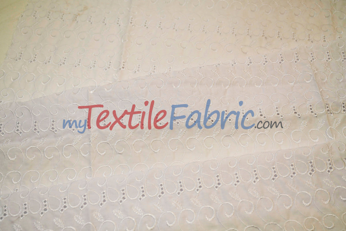 Cotton Eyelet Embroidery Design Six Polyester Cotton Fabric - White Blossom Floral Eyelet Embroidery, 52" Wide (Yards)