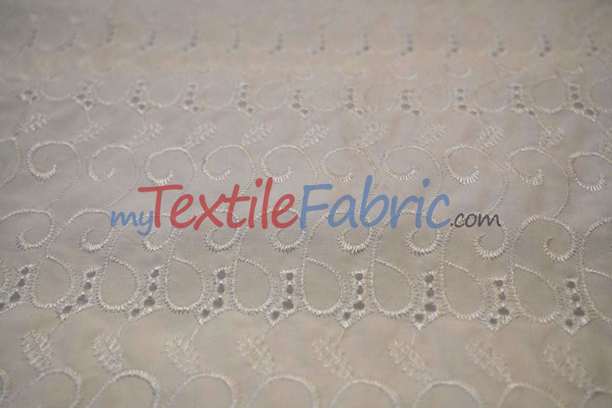 Cotton Eyelet Embroidery Design Six Polyester Cotton Fabric - White Blossom Floral Eyelet Embroidery, 52" Wide (Yards)