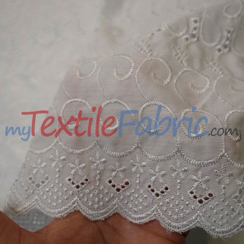 Cotton Eyelet Embroidery Design Six Polyester Cotton Fabric - White Blossom Floral Eyelet Embroidery, 52" Wide (Yards)
