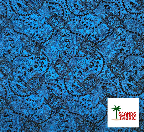 Tiki Turtle All Over Cotton Fabric - Purple, Blue, Natural, Red Tiki Turtle Print, 45" Width (1 Yard)