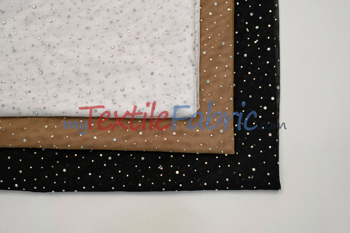 Rhinestone Stretch Power Mesh Fabric - Iridescent AB Crystal Embellished, 58" Width (1 Yard)