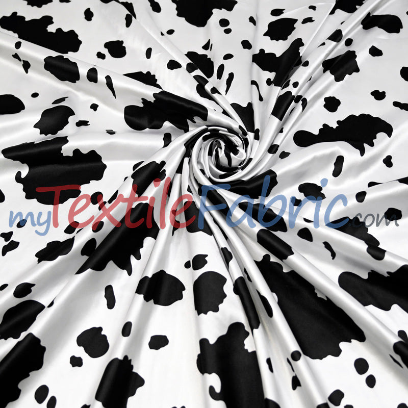 White Black Cow Charmeuse Satin Fabric - White Black Cow Print, 58/60" Width (1 Yard)