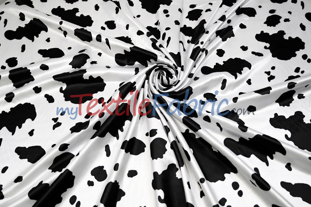 White Black Cow Charmeuse Satin Fabric - White Black Cow Print, 58/60" Width (1 Yard)