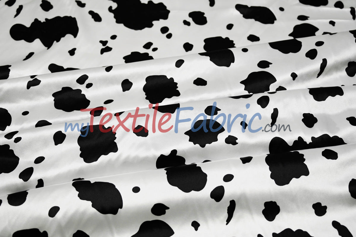 White Black Cow Charmeuse Satin Fabric - White Black Cow Print, 58/60" Width (1 Yard)