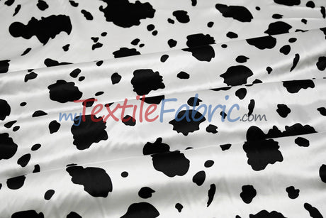 White Black Cow Charmeuse Satin Fabric - White Black Cow Print, 58/60" Width (1 Yard)