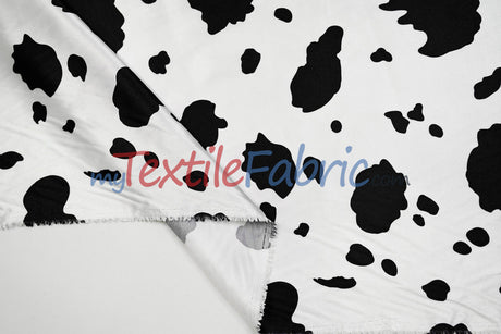 White Black Cow Charmeuse Satin Fabric - White Black Cow Print, 58/60" Width (1 Yard)