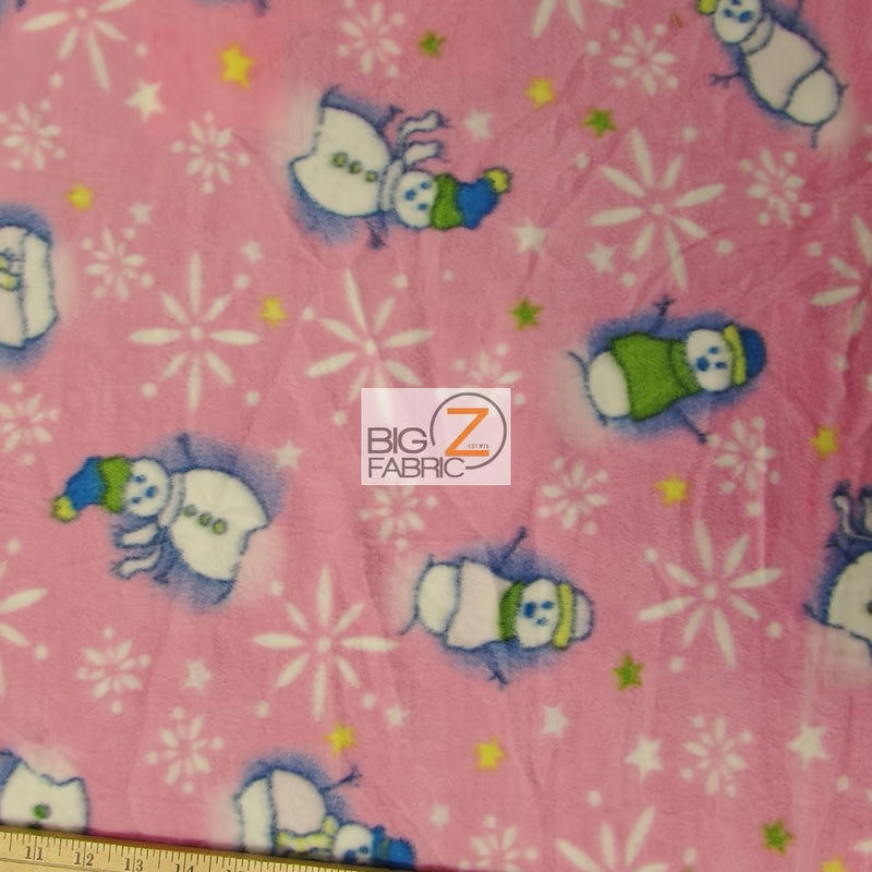 Christmas Holiday Snowman Pink Fleece Fabric
