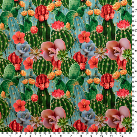 Cactus Field Printed Spandex Nylon Spandex Fabric - Blue Cactus Print, 55/56" Width (1 Yard)