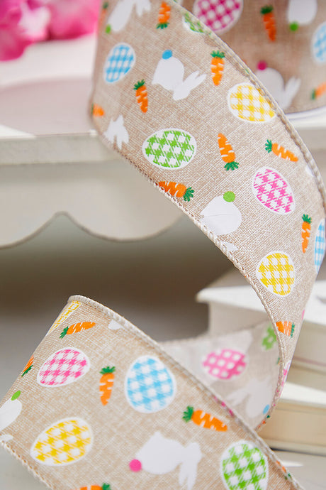 2.5"x 10 Yards Light Canvas Rabbit Eggs Ribbon Rustic Whimsical Easter Craft Ribbon