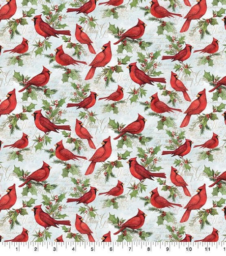 Quilting Cotton Cardinals on Script Christmas