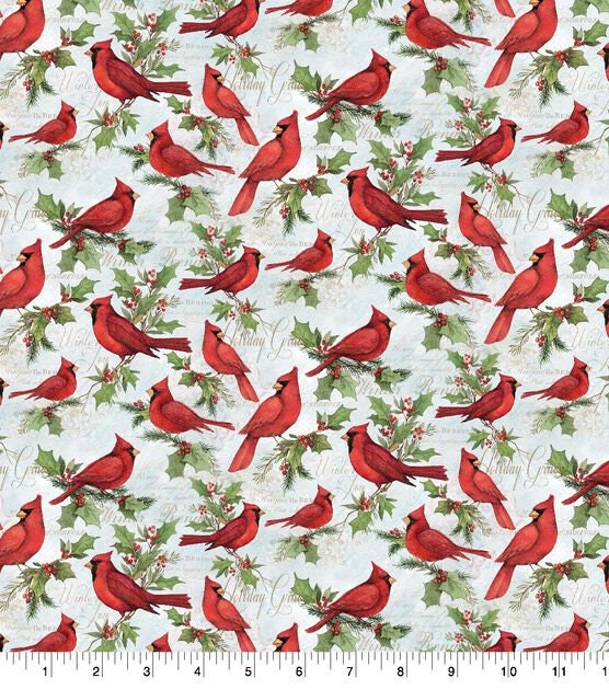 Quilting Cotton Cardinals on Script Christmas