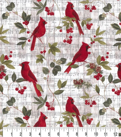 Quilting Cotton Cardinals on Script Christmas
