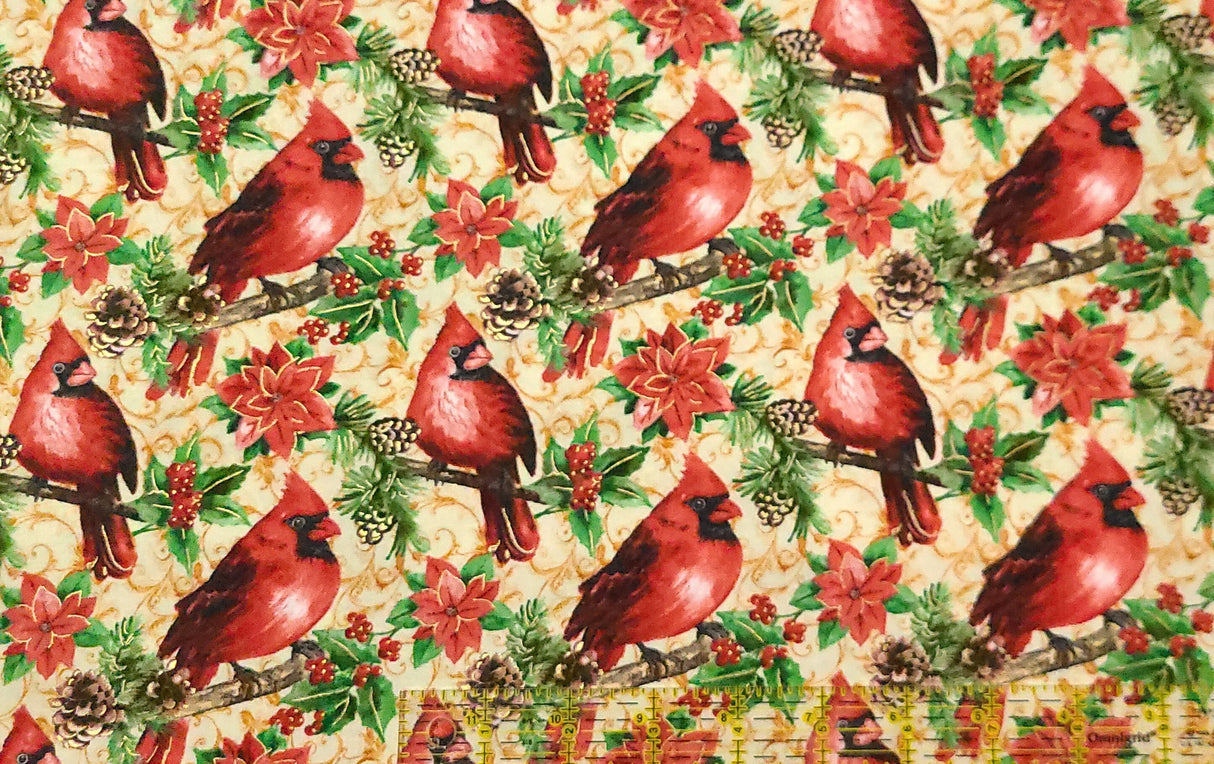 Quilting Cotton Cardinals & Scrolls Christmas Fabric