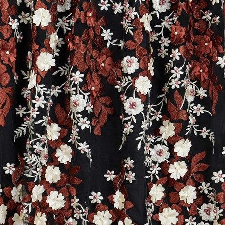 Cascade Embroidered Mesh Polyester Fabric - 3D Floral Embroidery, Scalloped Edges, 52" Width (1 Yard)