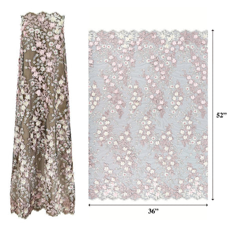 Cascade Embroidered Mesh Polyester Fabric - 3D Floral Embroidery, Scalloped Edges, 52" Width (1 Yard)