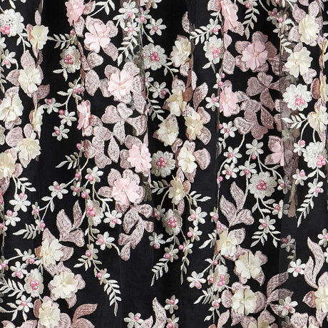 Cascade Embroidered Mesh Polyester Fabric - 3-D Floral Embroidery, Scalloped Edges, 52" Width (1 Yard)