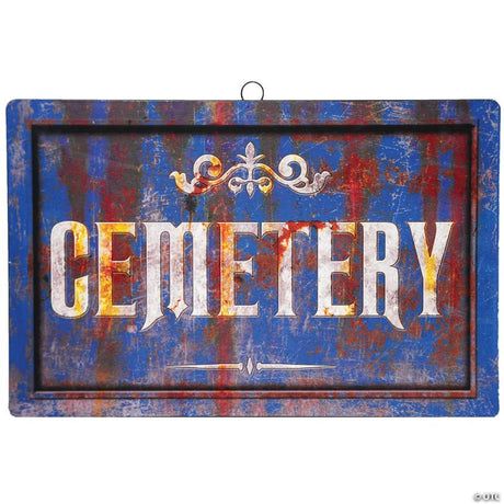 Metal Cemetery Sign Halloween Decoration with Distressed Blood Stains, for a spooky Halloween graveyard display