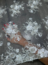 White 3D Floral Embroidered Beaded Tulle Lace