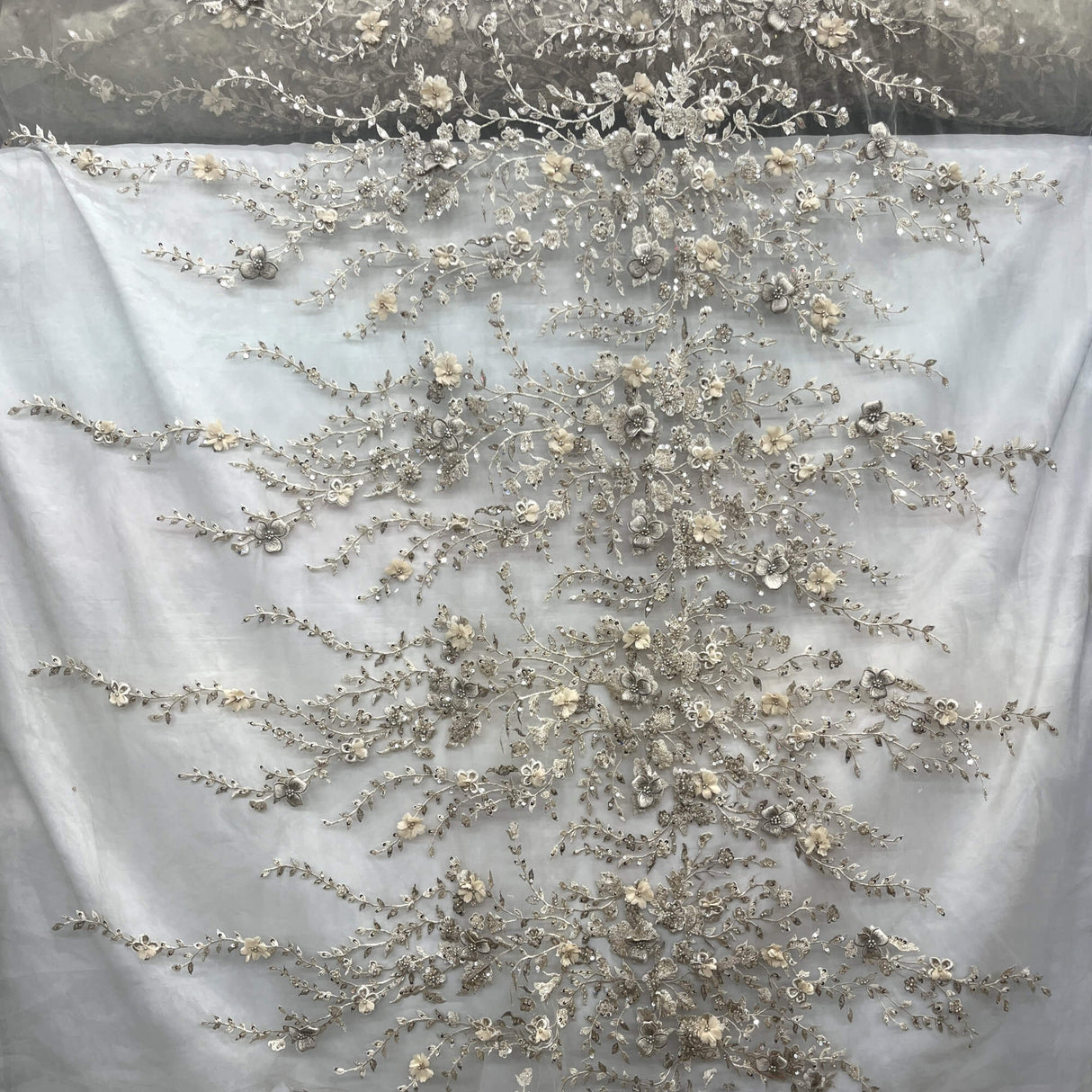Beaded 3D Floral Lace Fabric Off White