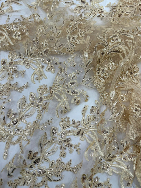 Butterfly Corded Lace Fabric - Butterfly Embroidery, Metallic Sequins, 54" Width (1 Yard)