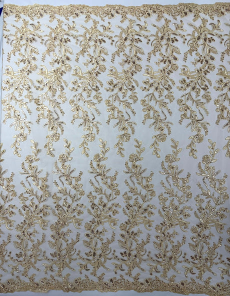 Butterfly Corded Lace Fabric - Butterfly Embroidery, Metallic Sequins, 54" Width (1 Yard)