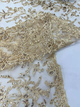 Butterfly Corded Lace Fabric - Butterfly Embroidery, Metallic Sequins, 54" Width (1 Yard)