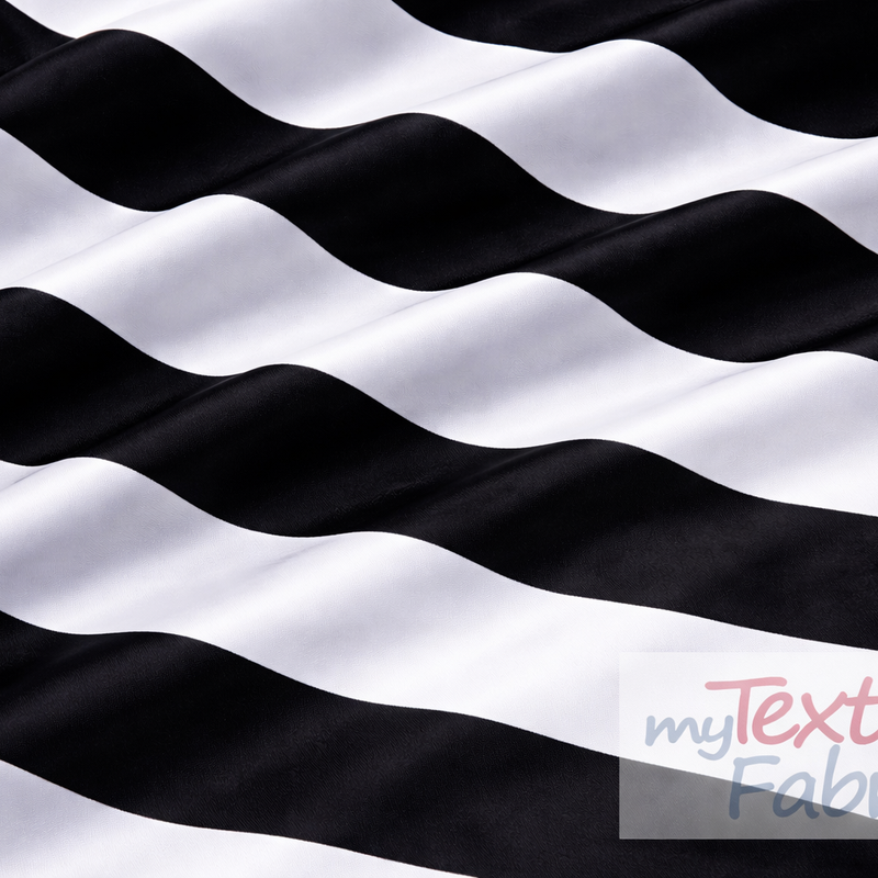 5.5" Stripe Satin Print Polyester Fabric - Black White 5.5" Stripe, 58/60" Width (1 Yard)