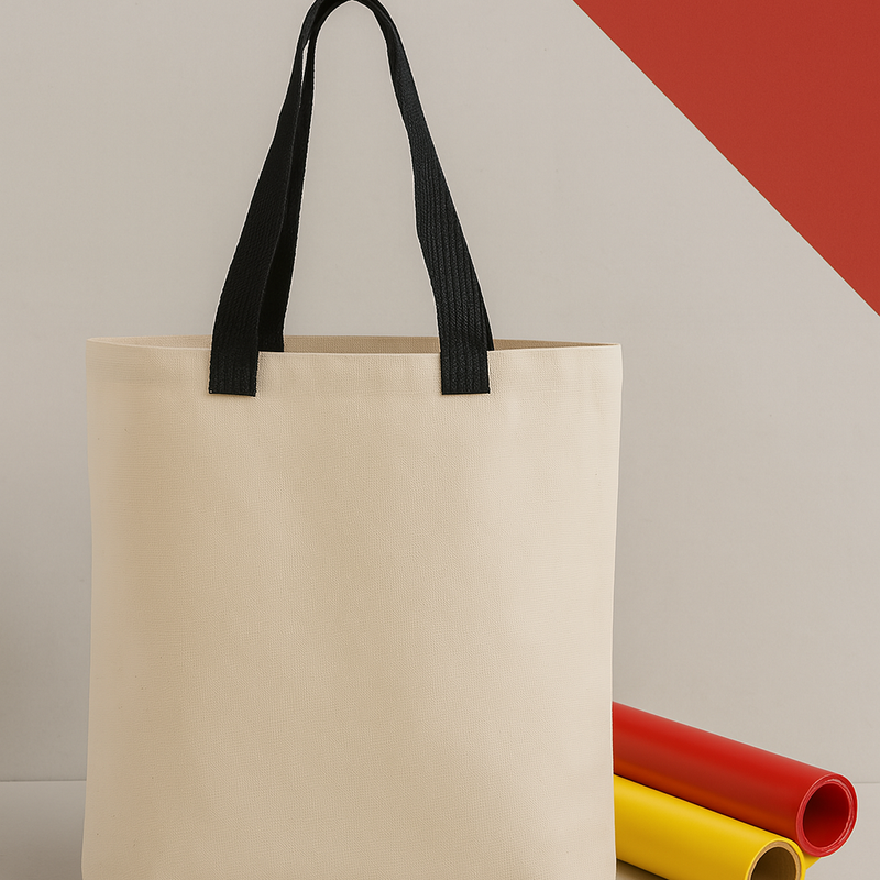 Canvas Tote Bag - Tan, Black Handles, 15" X 14" X 3" (1 Unit)