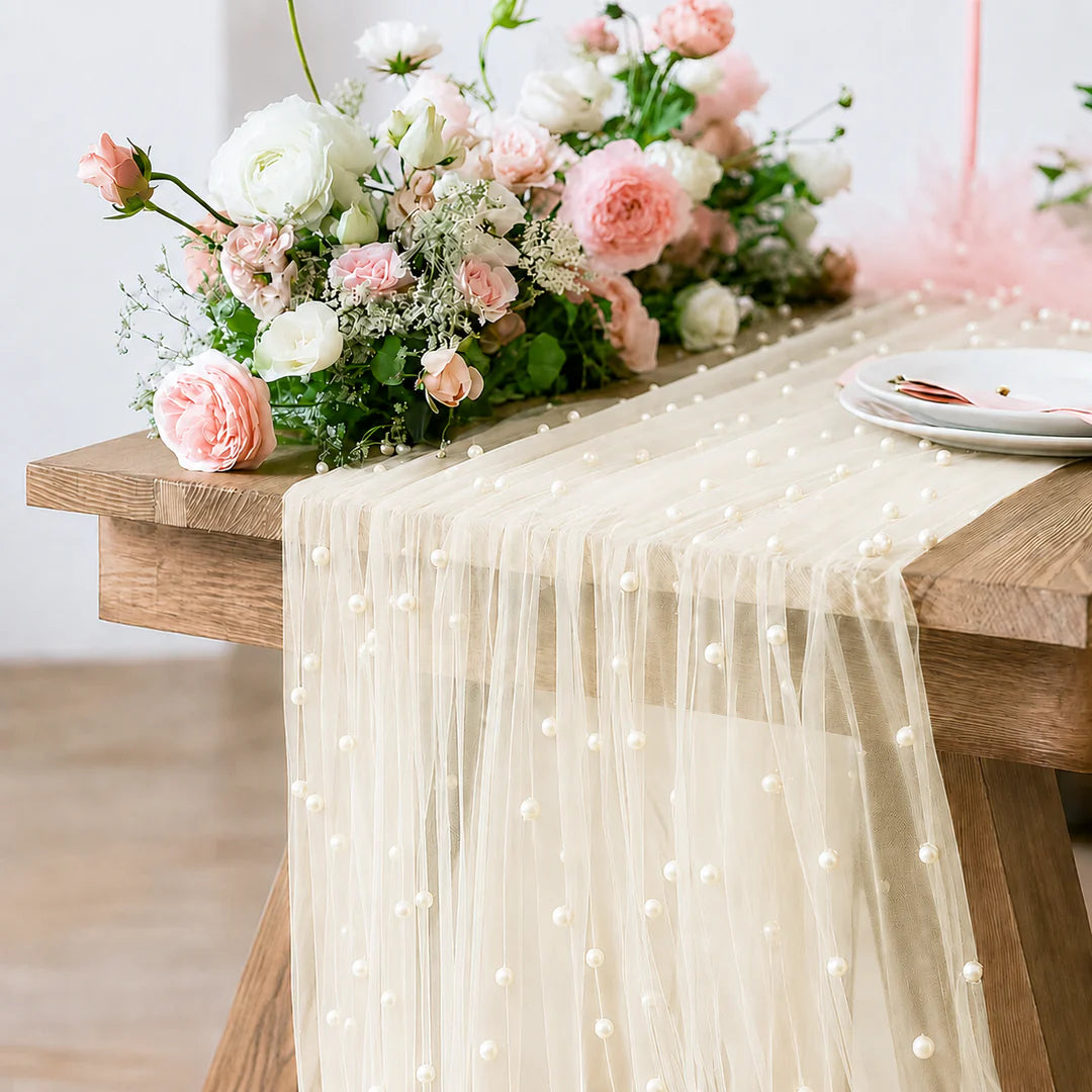 Pearl Sheer Tulle Table Runner 30x120 Ivory
