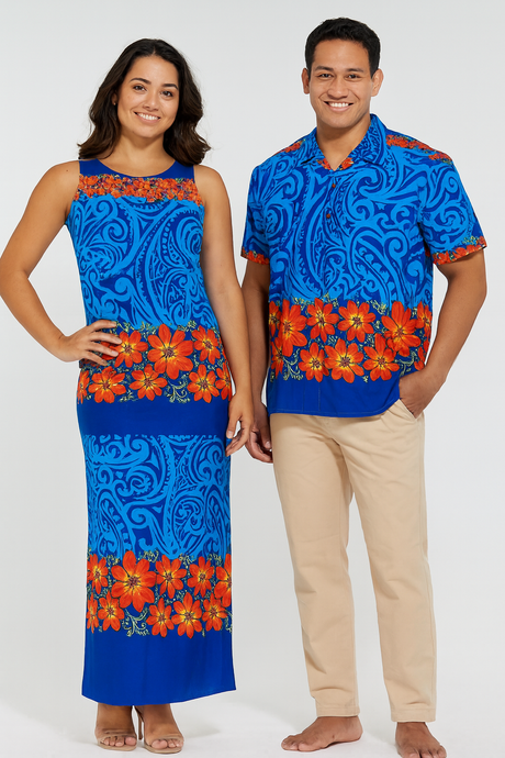 Polyester Fabric Traditional Polynesian Tattoo Daisy Double Border