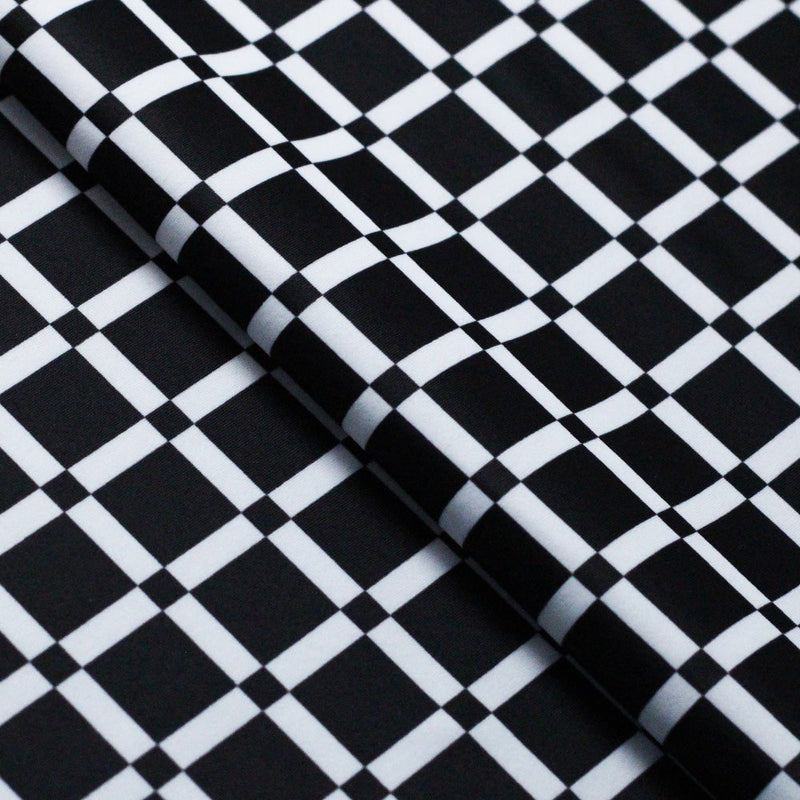50s Check Polyester Spandex Fabric - Black and White Plaid, 58-60" Width, 240 GSM (1 Yard)