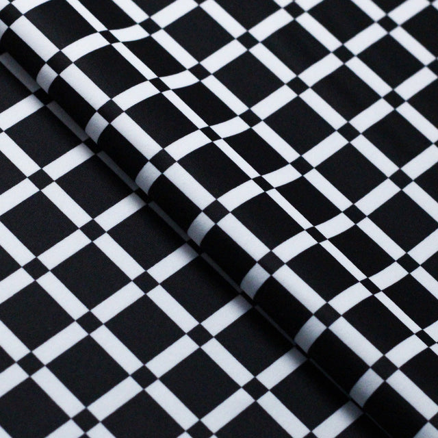 50s Check Polyester Spandex Fabric - Black and White Plaid, 58-60" Width, 240 GSM (1 Yard)