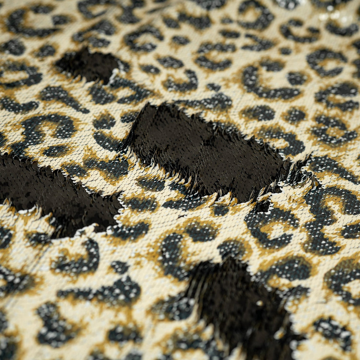 Cheetah Printed Flip Sequin Spandex Fabric - Cheetah Spots, Black Reverse, 55/56" Width (1 Yard)