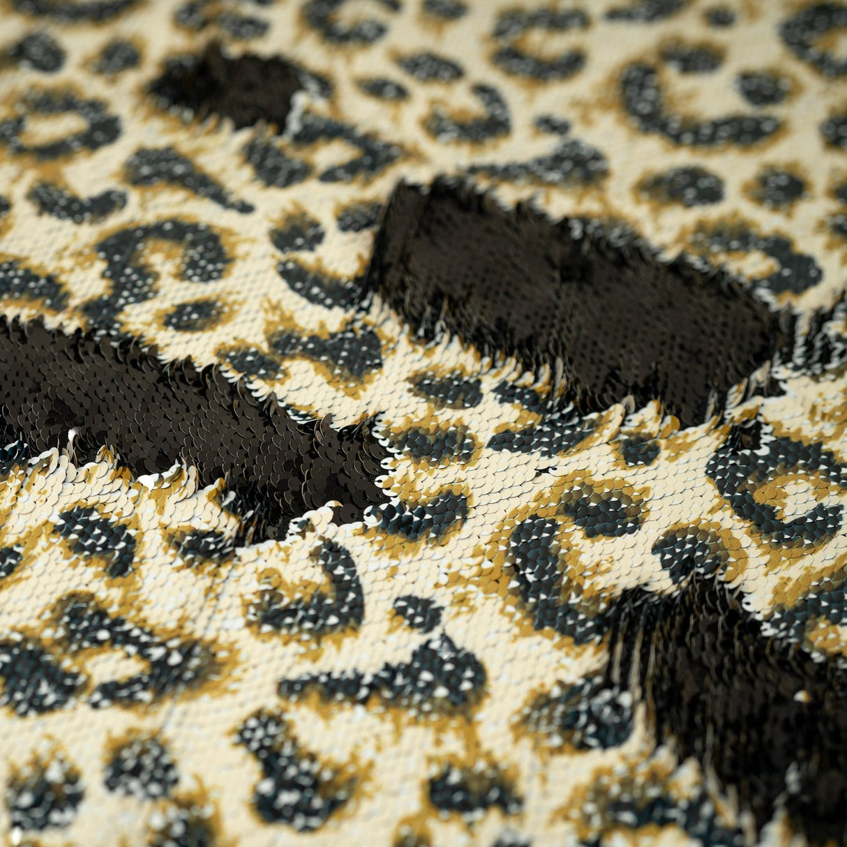 Cheetah Printed Flip Sequin Spandex Fabric - Cheetah Spots, Black Reverse, 55/56" Width (1 Yard)
