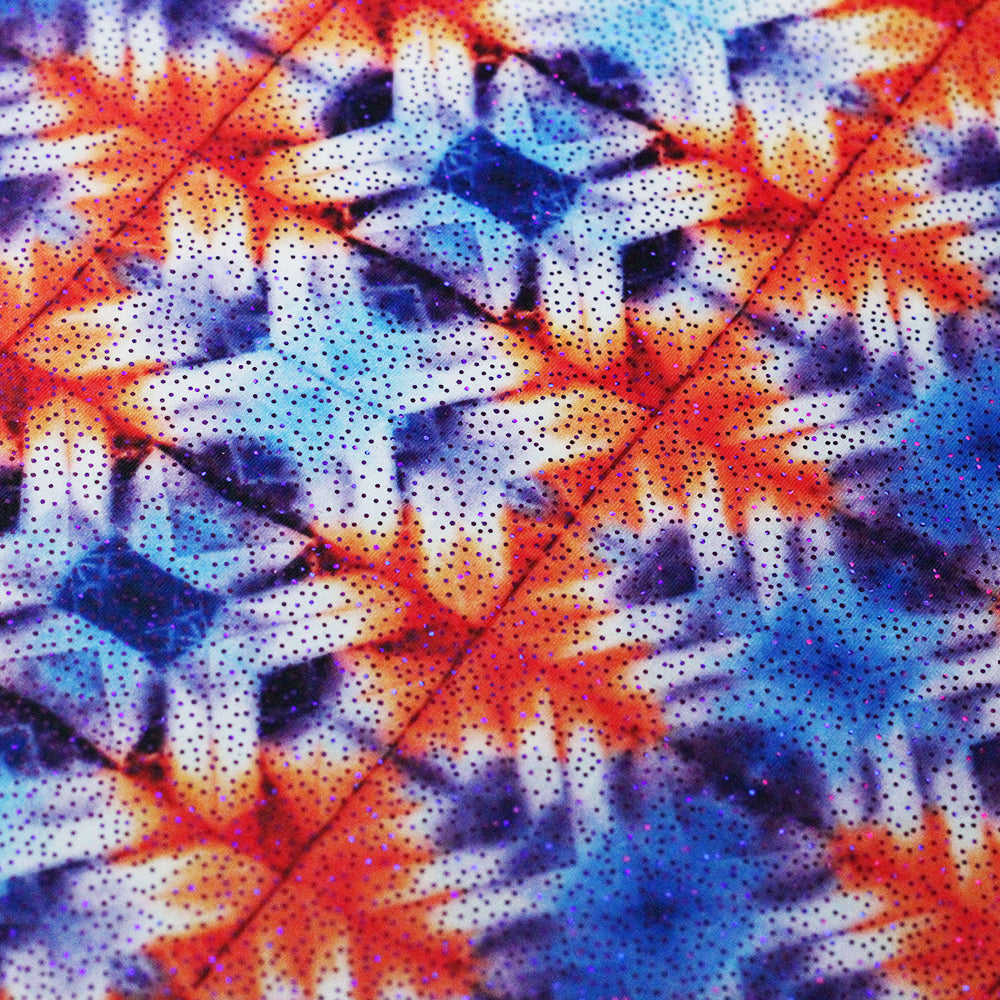 Chic Shibori Polyester Spandex Fabric - Blue And Orange Shibori Tribal Print, 58-60" Width, 240 GSM (1 Yard)