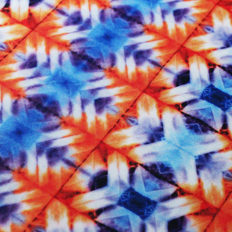 Chic Shibori Polyester Spandex Fabric - Blue And Orange Shibori Tribal Print, 58-60" Width, 240 GSM (1 Yard)