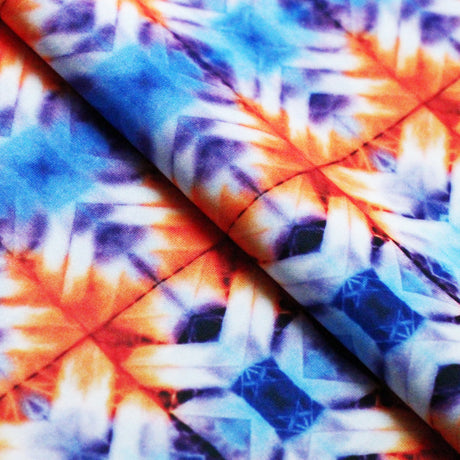 Chic Shibori Polyester Spandex Fabric - Blue And Orange Shibori Tribal Print, 58-60" Width, 240 GSM (1 Yard)