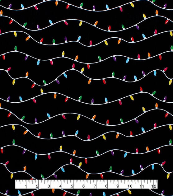 Quilting Cotton Christmas Lights on Black 100% Cotton