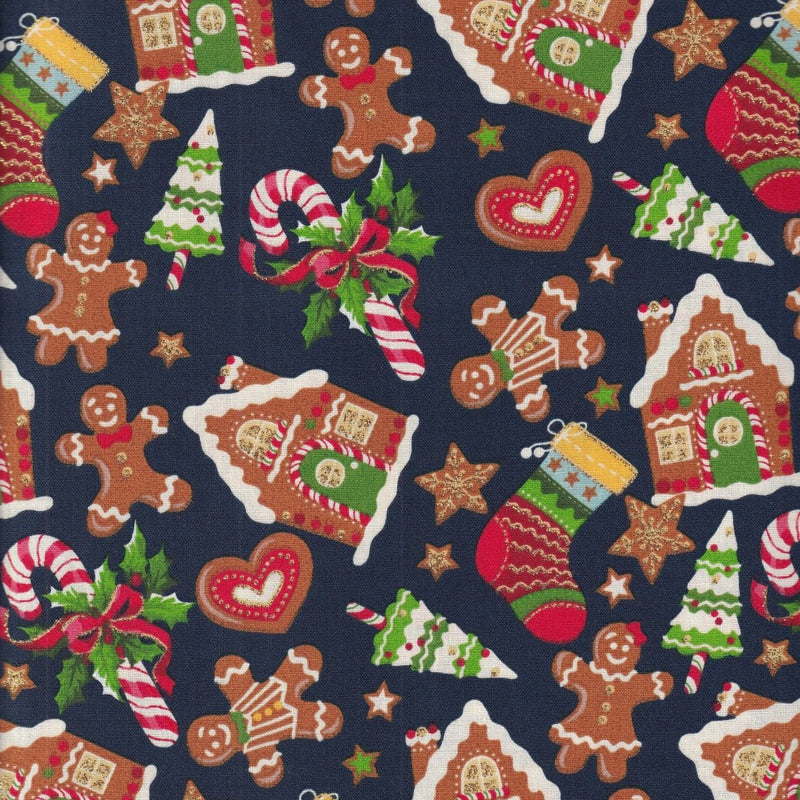 Quilting Cotton Christmas Cuties Navy Tossed Gingerbread Fabric Traditions