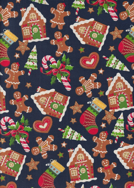 Quilting Cotton Christmas Cuties Navy Tossed Gingerbread Fabric Traditions