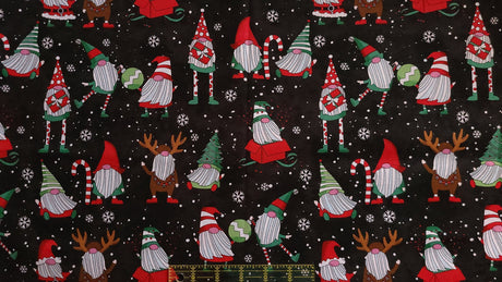 Quilting Cotton Christmas Gnomes on Black 100% Cotton
