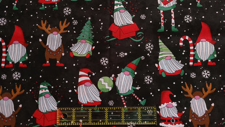 Quilting Cotton Christmas Gnomes on Black 100% Cotton
